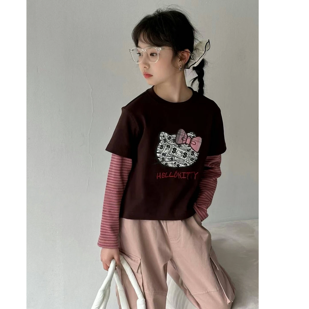 熙爱2025早春新款女童小众设计Kitty猫字母条纹拼接长袖T恤13053