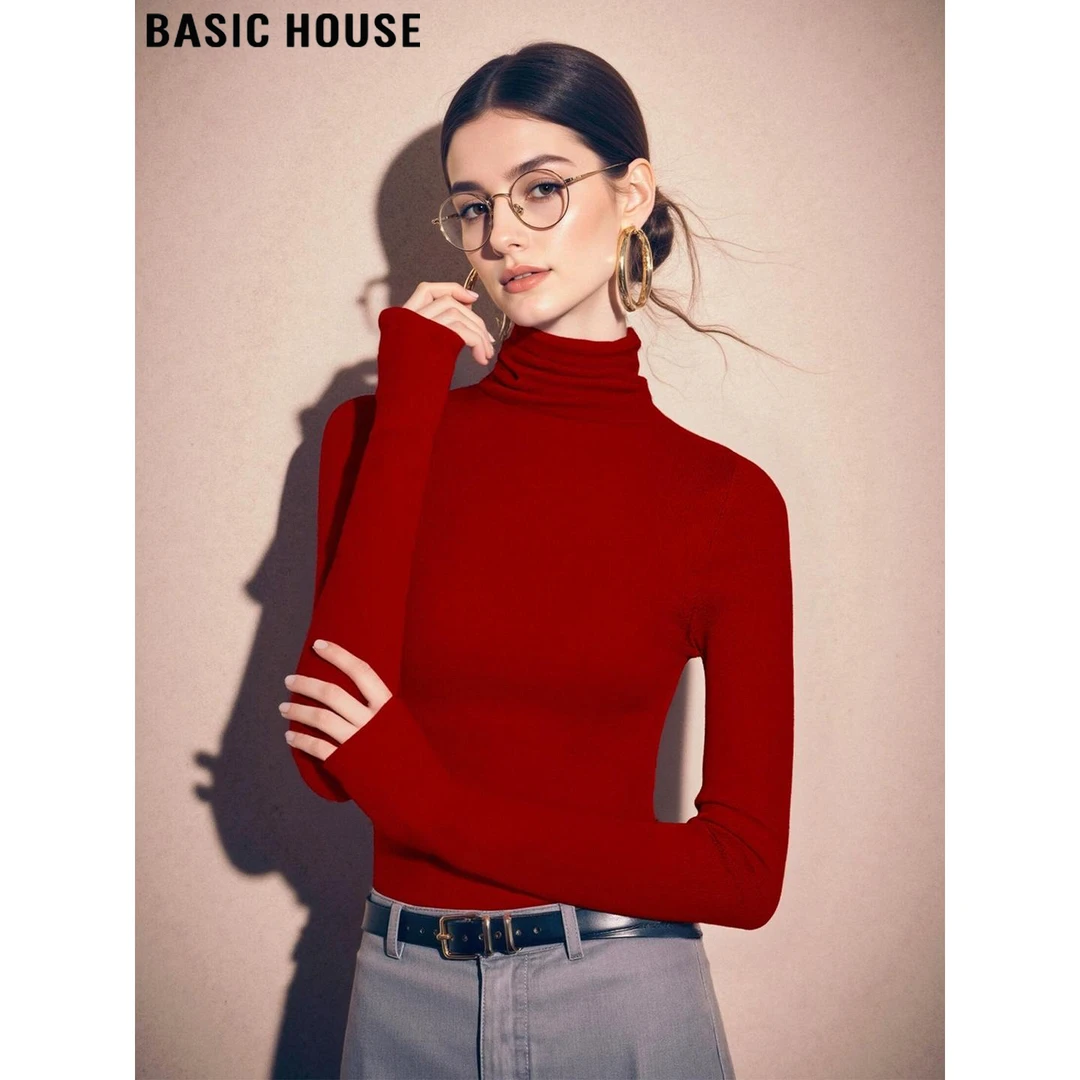 Basic House/百家好红色100%羊毛高领毛衣女士2025冬季内搭针织衫