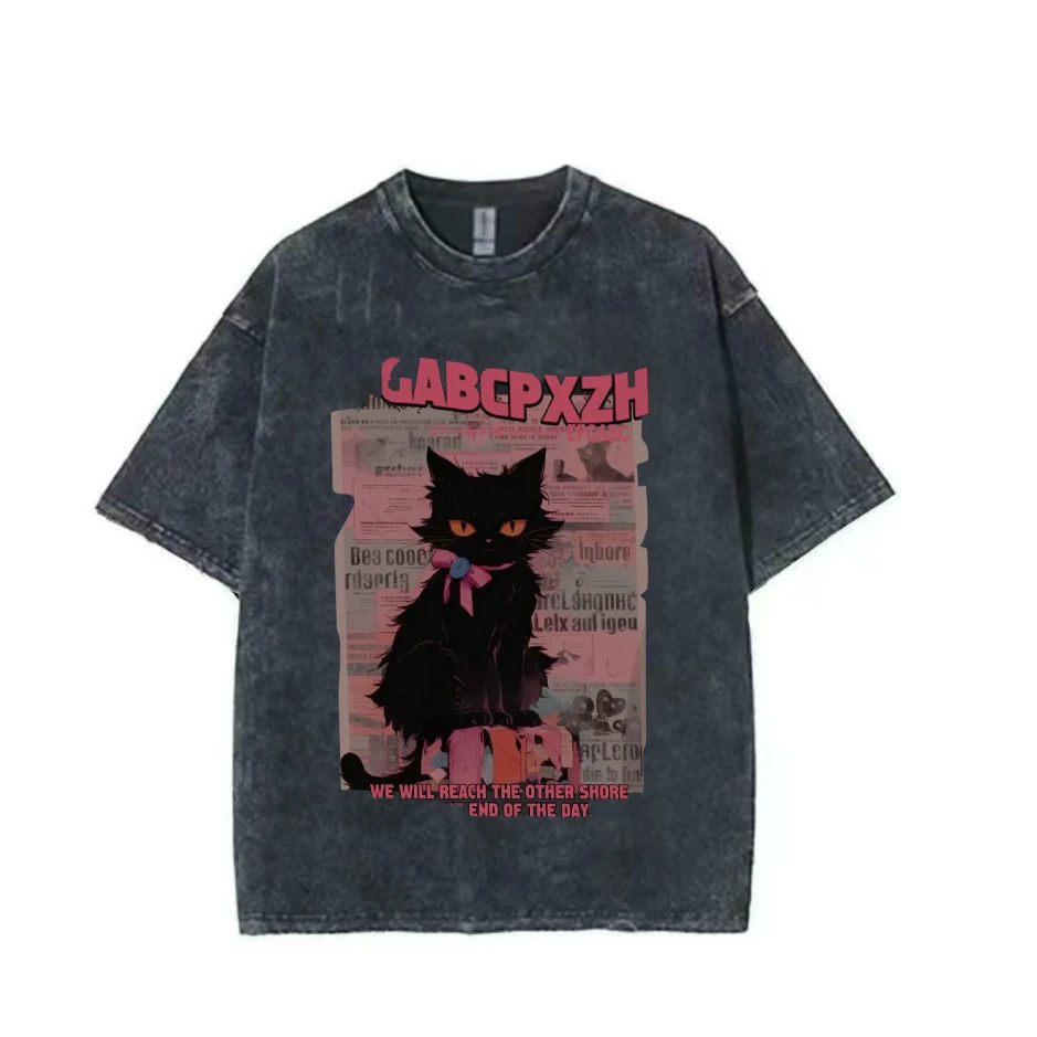 【短袖-粉色报纸】oversize洗水做旧宽松纯棉打底潮牌短袖T恤直喷