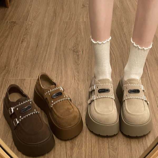 南在南方增高百搭厚底英伦风小皮鞋女款2025新款春秋粗跟一脚蹬