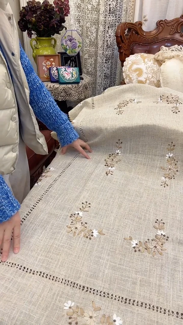亚麻A145麻本色亚麻手工抽纱丝带绣桌布餐桌布90*180cm