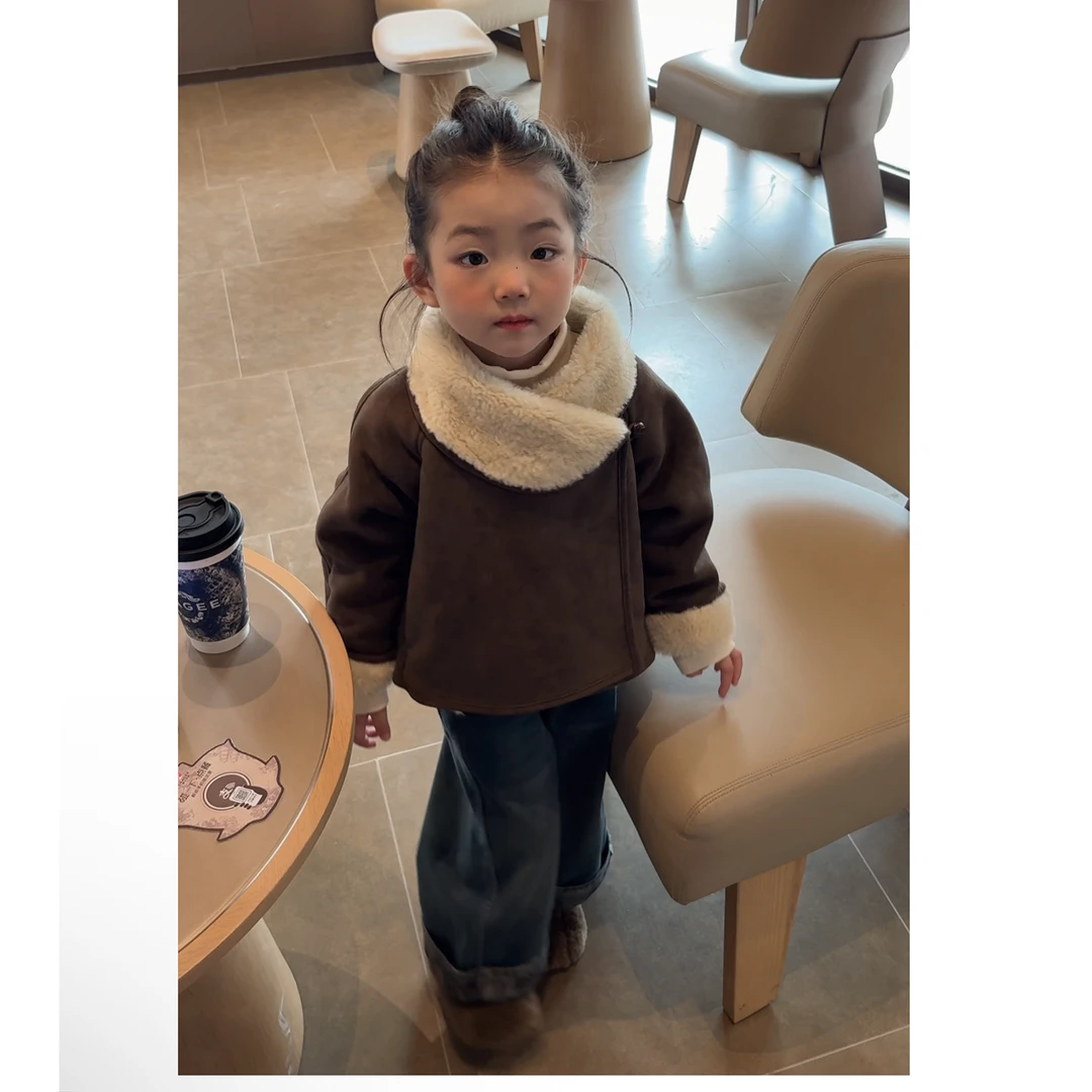 90-140女童麂皮绒外套+加绒牛仔裤