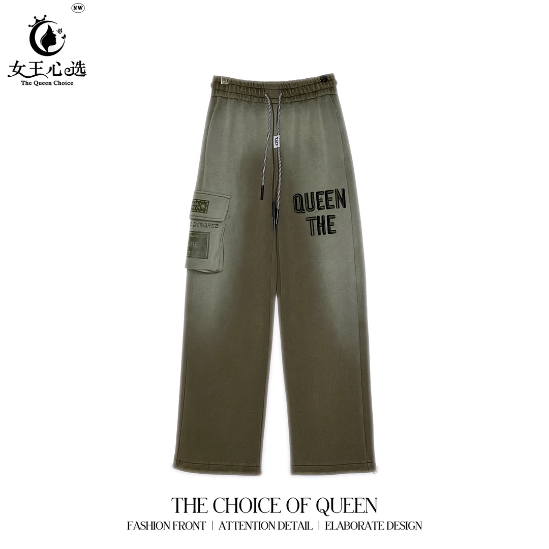 棉【衣圆圆】D3A002潮流新款时尚大口袋晕染侧面织带字母阔腿长裤