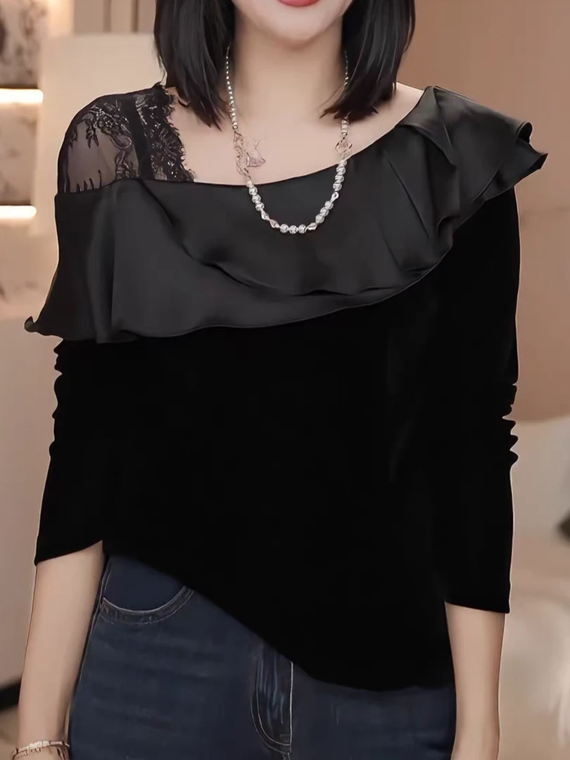 Nalian/拿恋豆子优选-时尚蕾丝露肩拼接荷叶边显瘦丝绒T恤DZ98790