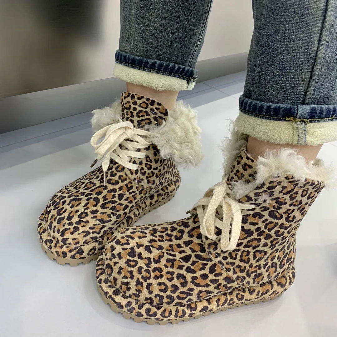 厚款青年防滑保暖豹纹时尚雪地靴中筒女鞋冬季加厚休闲百搭厚底