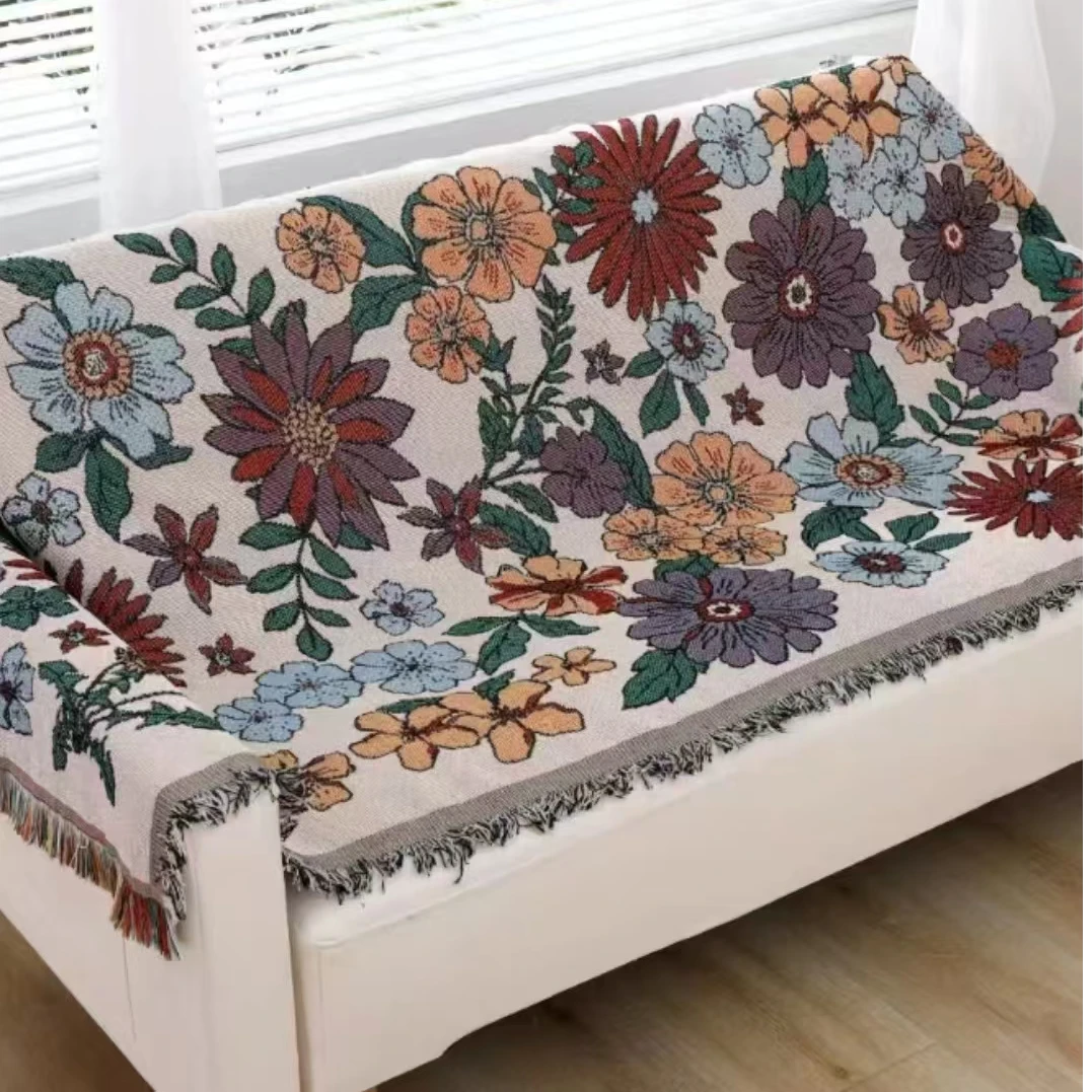 【外贸尾货】花满园流苏沙发巾提花亚麻沙发毯茶毯桌毯多功能沙发巾