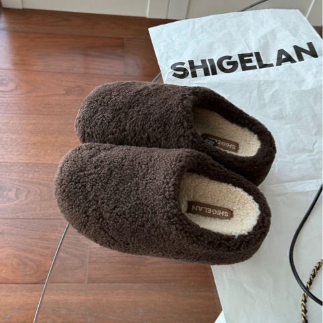 诗歌兰真皮女鞋2025冬季新款厚底羊羔毛时尚保暖外穿舒适包头半拖