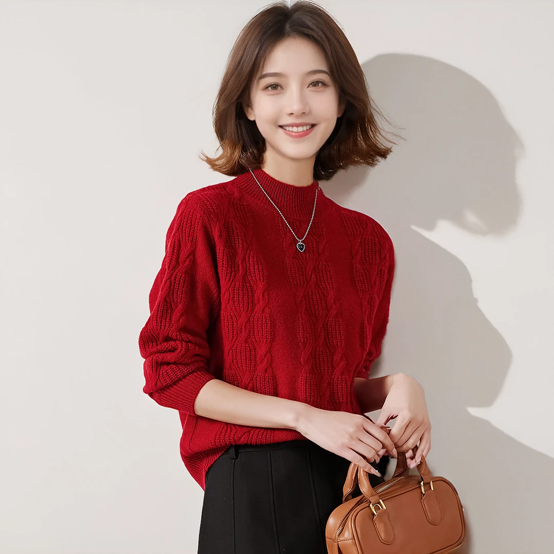 赛兔100%羊毛衫女复古百搭绞花保暖半高领女毛针织衫202S245T047
