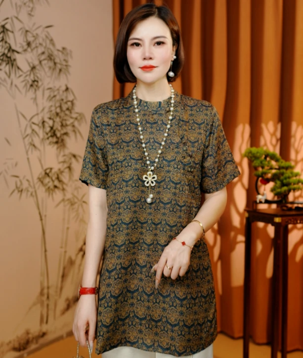 【芮柠】2025新款夏季新中式T恤短袖刻花修身显瘦减龄气质款