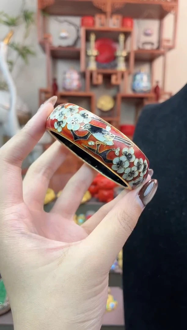非遗手工景泰蓝开口银蓝镯子红色