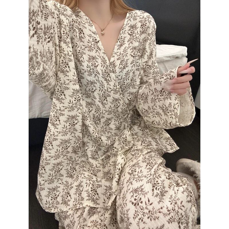 慵懒风温柔碎花棉纱睡衣女春秋季新款宽松长袖长裤家居服套装外穿