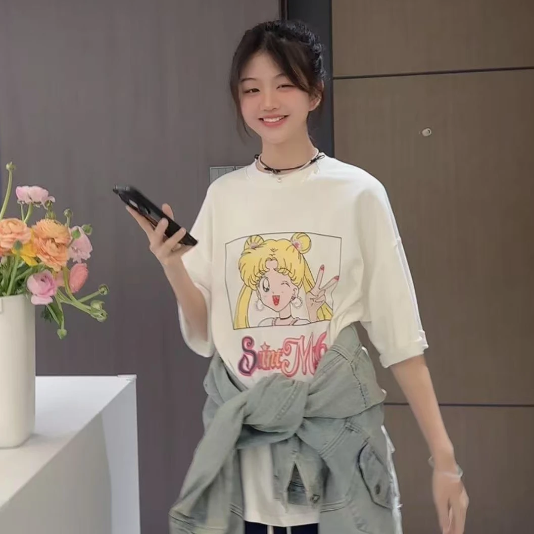 跳跳鱼童装可爱日系卡通美少女印花T恤2025夏季宽松短袖279015