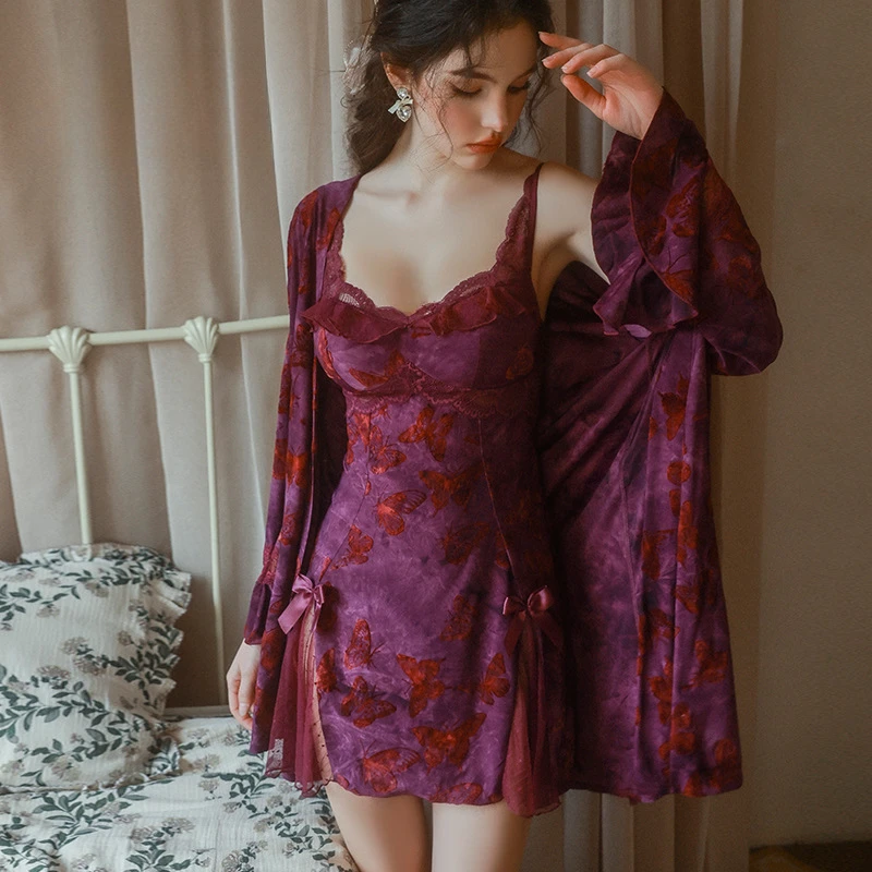 性感睡衣甜美蝴蝶印花露背加胸垫吊带睡裙睡袍两件套装送女友礼物
