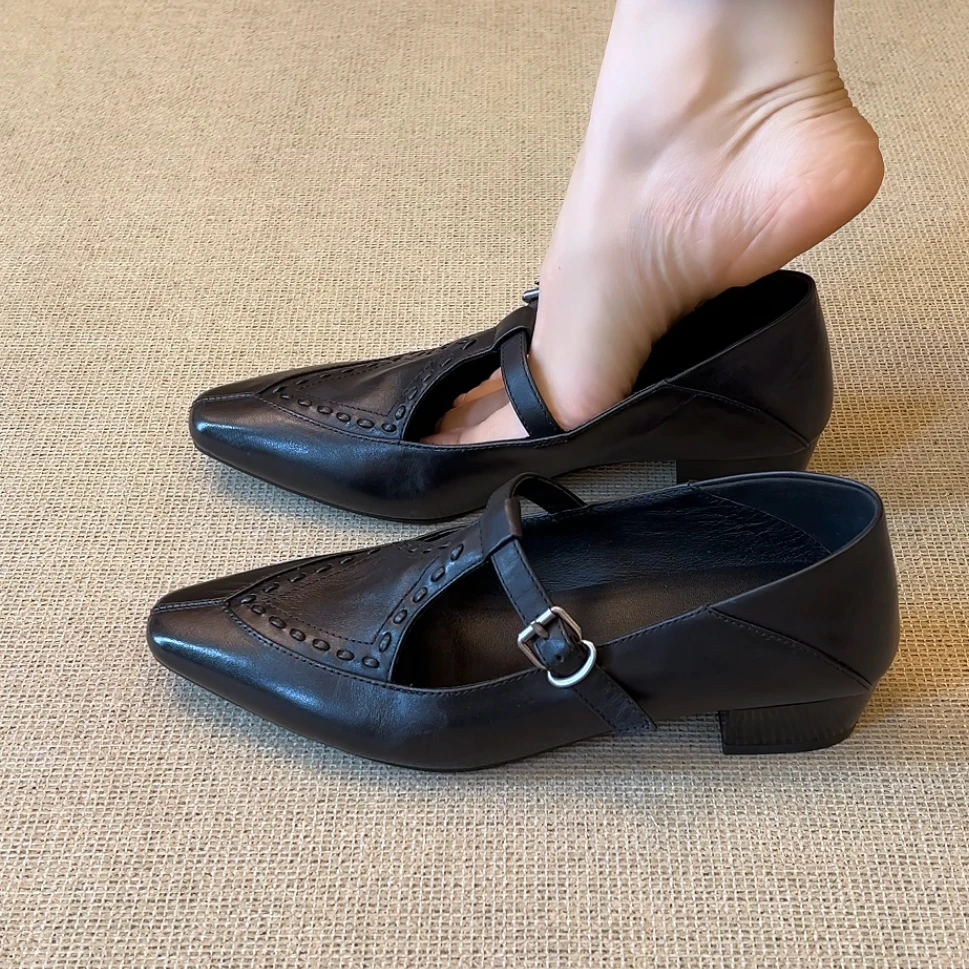 RubyL/3.5cm优雅通勤百搭丁字扣带方头浅口粗跟玛丽珍单鞋女款