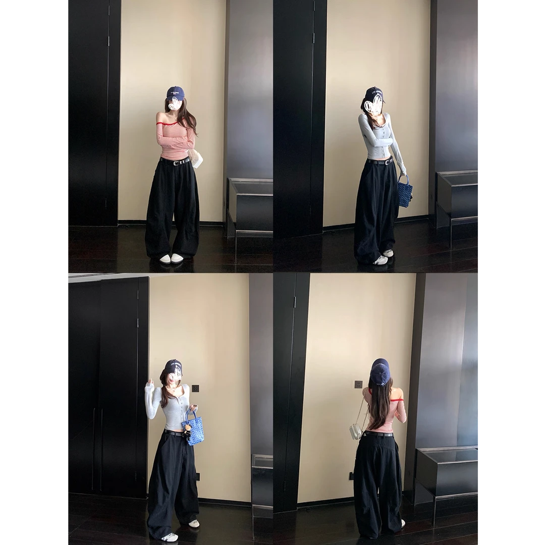 休闲裤高腰气质时百搭廓形水洗牛仔裤A9001