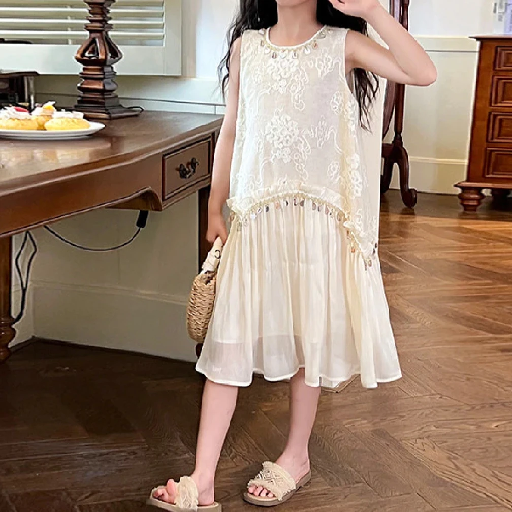 【素裳】女童夏款民族风无袖拼接连衣裙D
