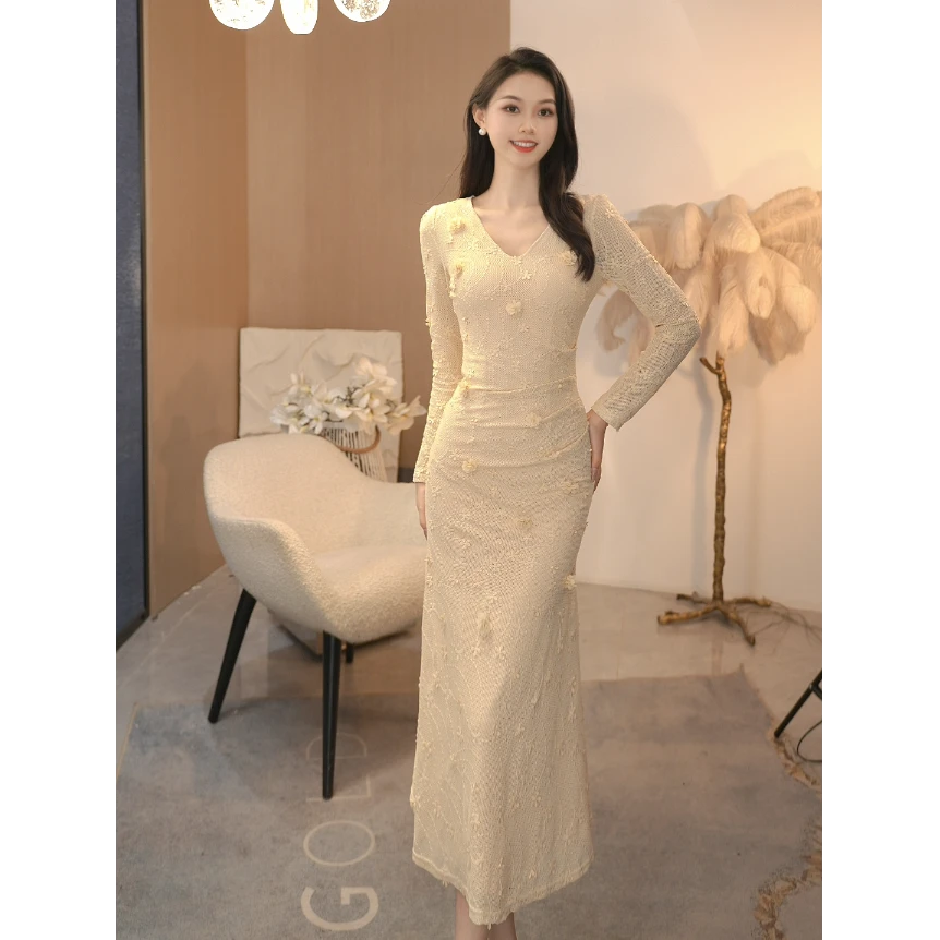 QIQI【春茶】春秋新款法式收腰显瘦鱼尾连衣裙-38030
