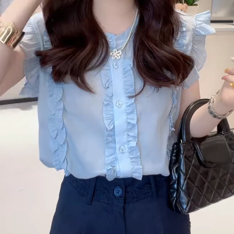 【清清浮力】 木耳边排扣减龄小衫韩版时尚透气C5203