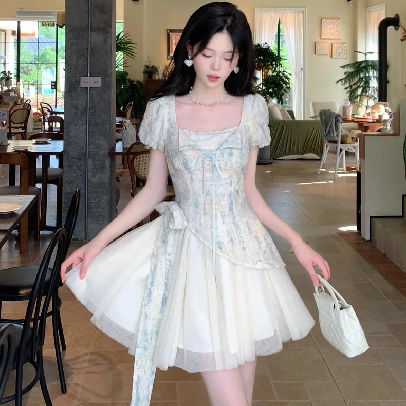 8778 长短款/清甜一夏 假两件方领设计感拼接网纱微胖女生连衣裙
