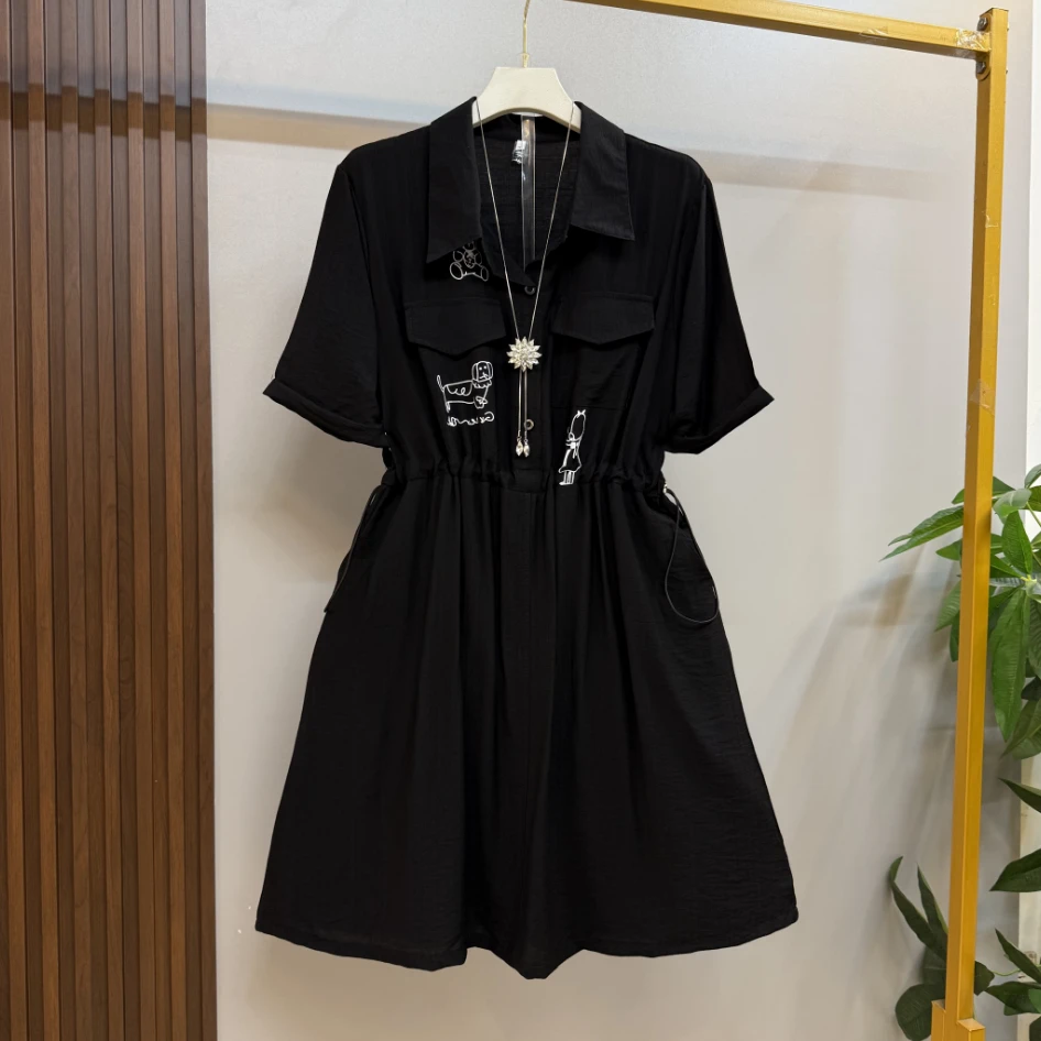 夏季新款微胖时尚洋气纽扣衬衫领腰抽绳纯色显瘦百搭气质连衣裙