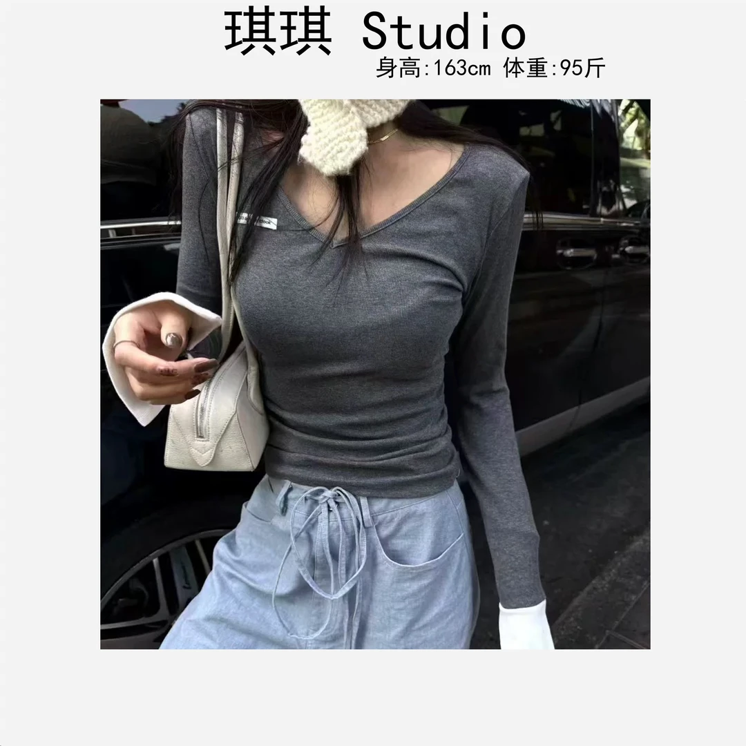 春季新款重工设计v领贴标字母拼接袖气质时尚显瘦减龄上衣6061-G