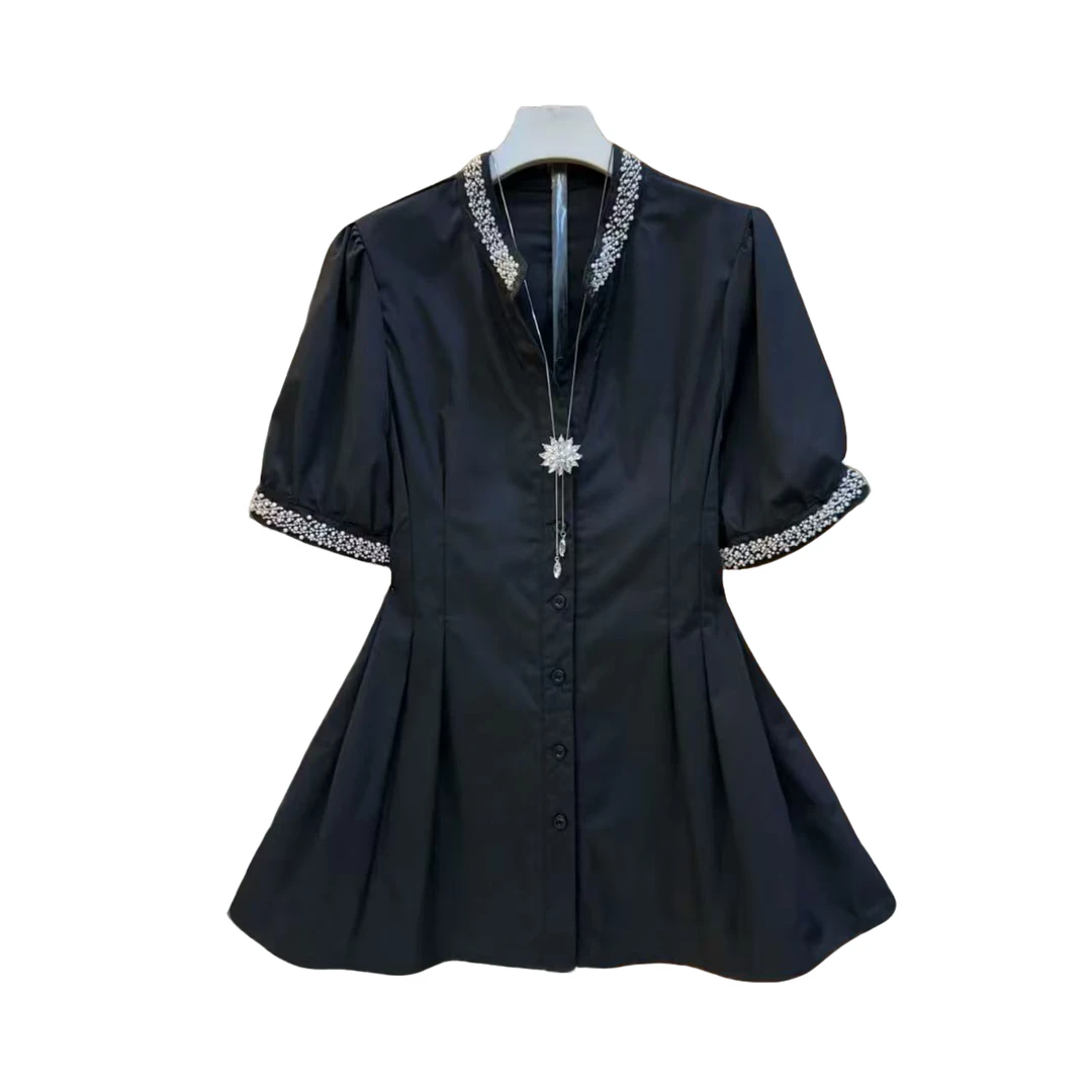 时尚欧货重工收腰串珠设计感衬衫气质女人衫洋气法式设计感衬衫