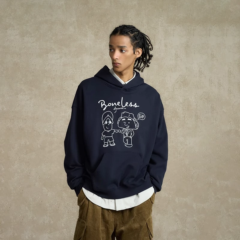 【商场同款】BONELESS联名款图案印花连帽卫衣重磅宽松设计感帽衫