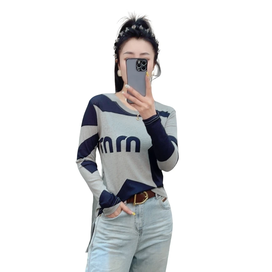 莉丽佳802款女装春季长袖圆领字母不规格弹力打底衫欧货休闲百搭0