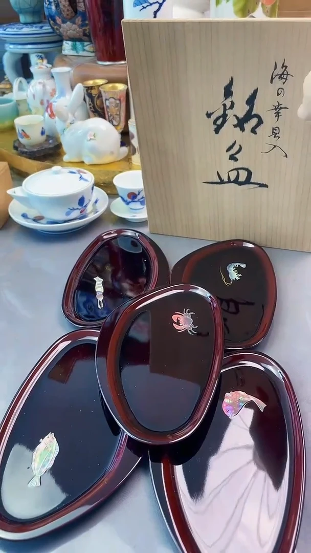 瓷片日产实木螺钿盘五件套