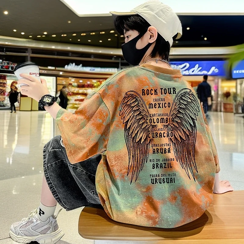 男孩夏装扎染纯棉短袖纯棉2025新款儿童夏中大童童装夏季上衣帅气