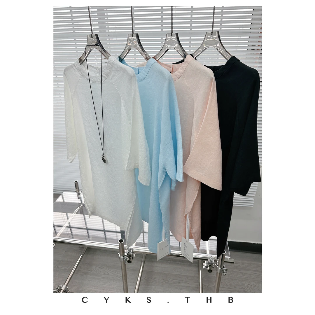 CYKS.THB |  亚麻极简薄款 圆领宽松廓形中长款开衩T恤