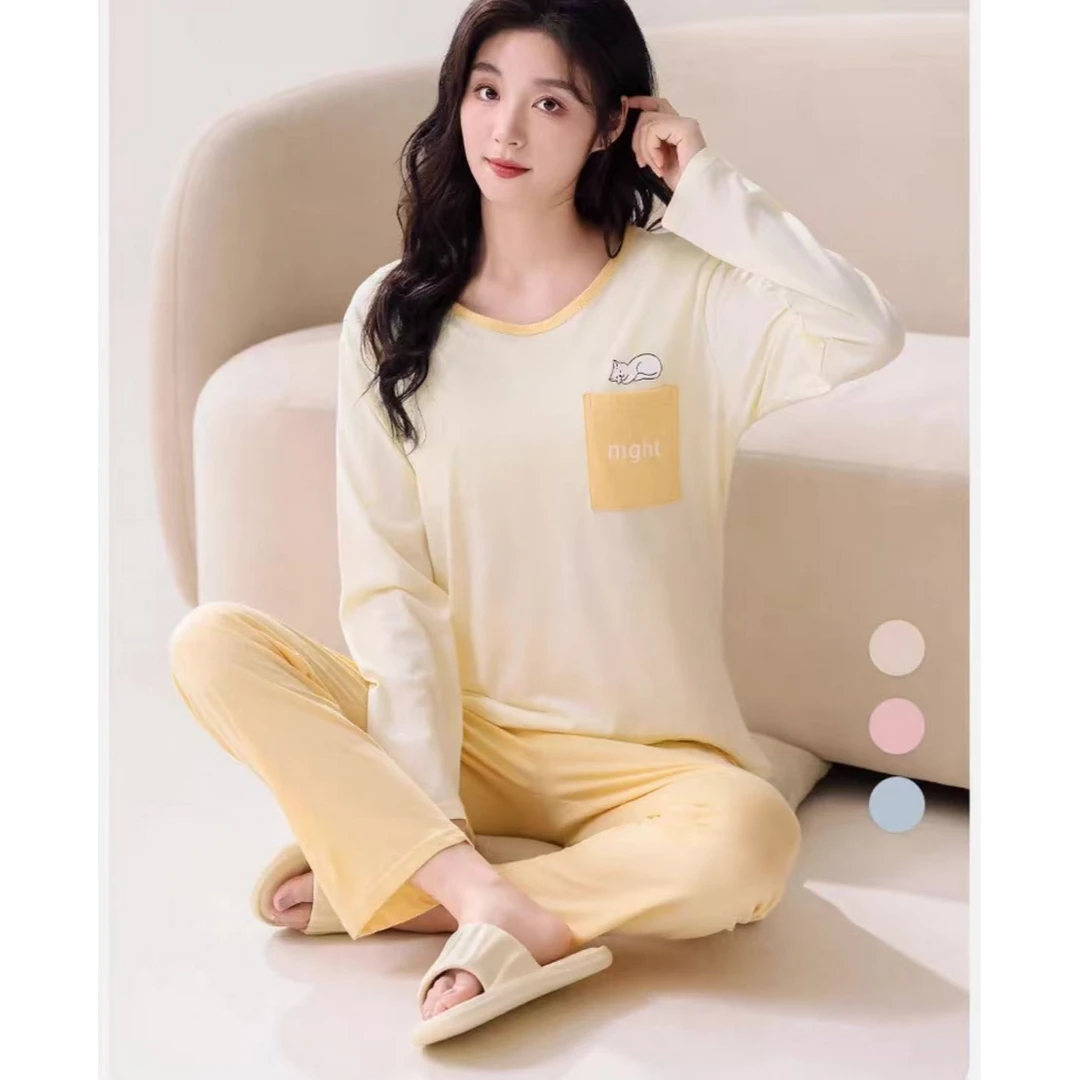 8192-猫咪款（有胸垫）（水仙黄）双长居家服