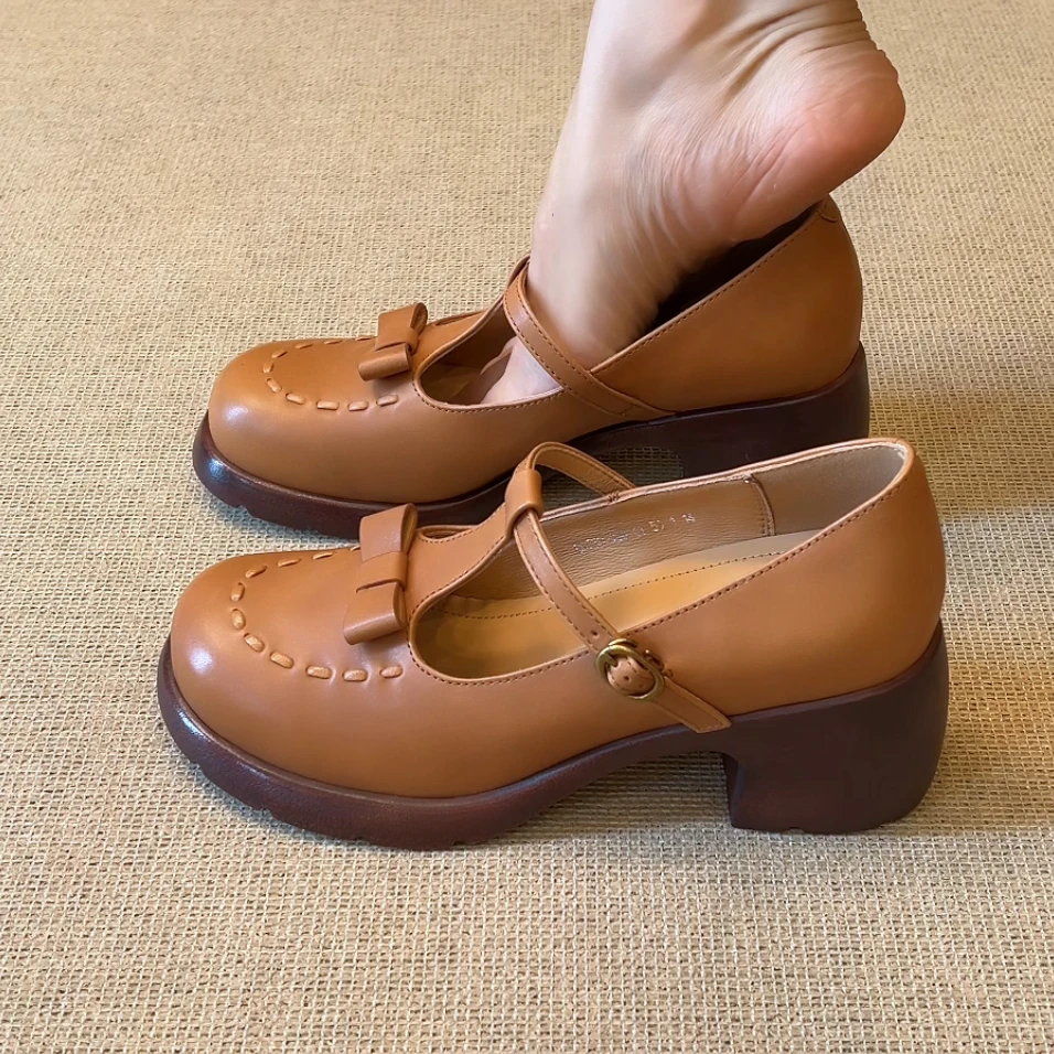 RubyL/6cm小个子通勤蝴蝶结丁字扣带圆头浅口粗跟玛丽珍单鞋女款