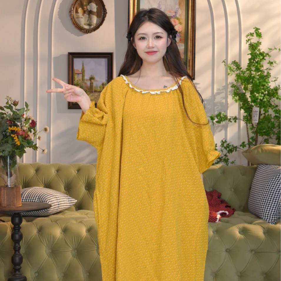 夏季大码纯棉睡裙女士双层棉纱薄款短袖连体裙80-300斤可穿中长款