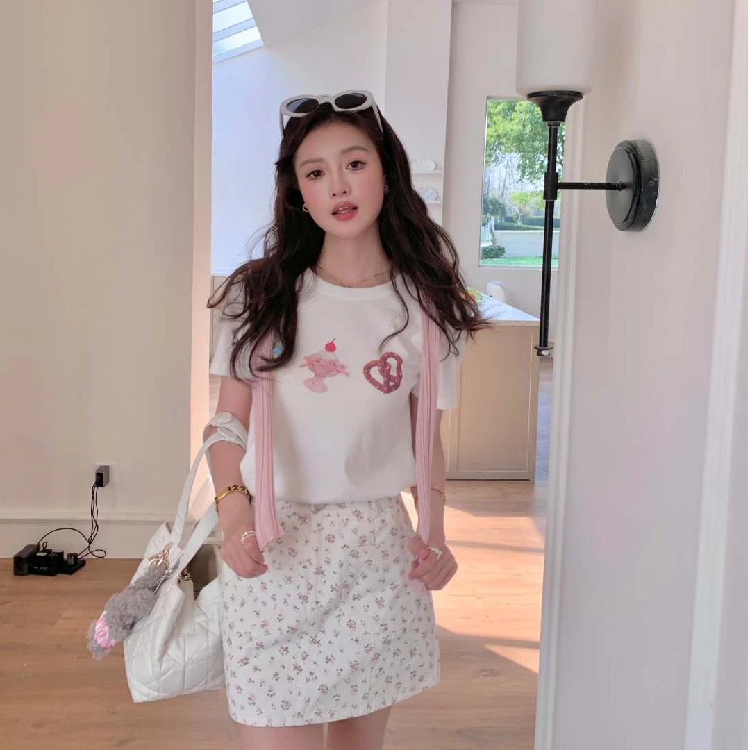 CHERI.Z花卉般的春天 粉粉小碎花~斜纹全棉A字显瘦半裙