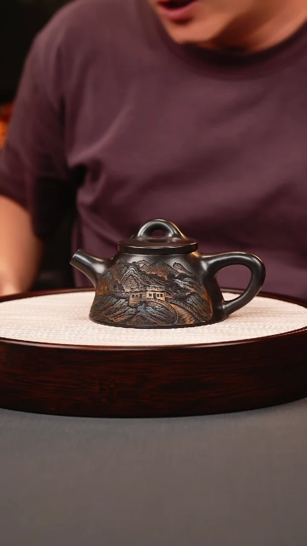 茶壶紫砂石黄彩刻山水霸王石瓢