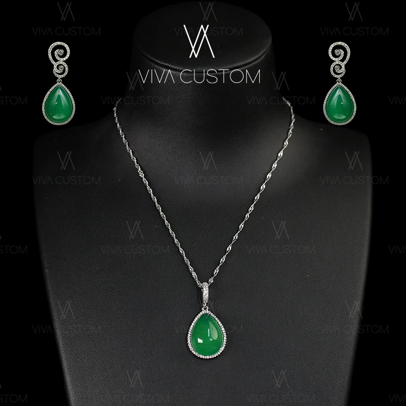 铜合金合成锆石耳饰 (昨日重现系列)轻奢古风优雅祥云绿水滴套装✓