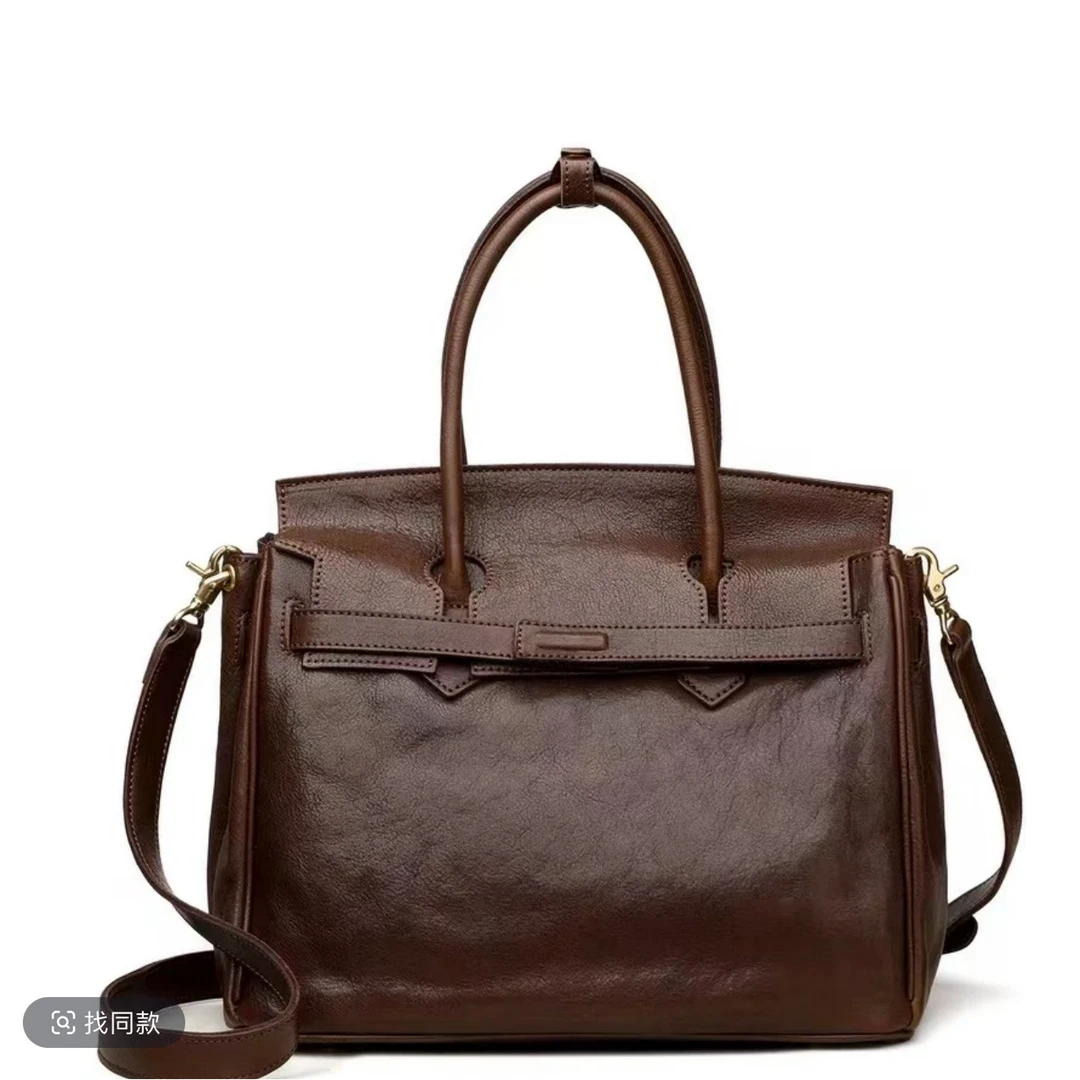 植鞣皮高定手提包 -咖啡色-009