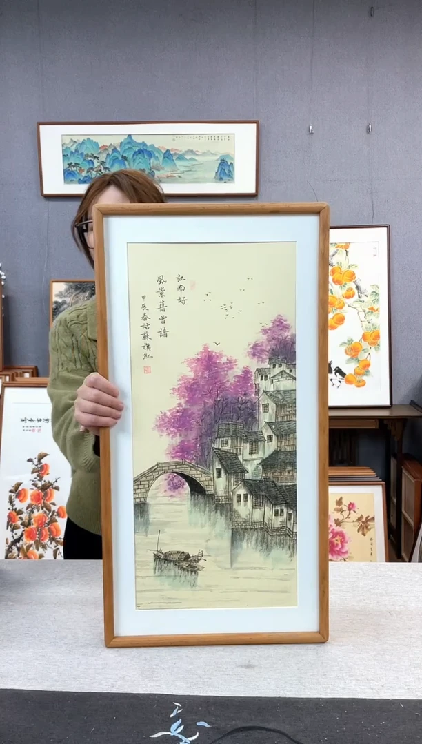 【闪购商品】国画金旗红-手绘带框作品-35*68-水乡