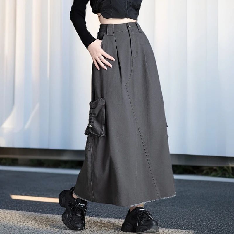 美式抽绳灰色工装牛仔半身裙女2025新款春夏季设计感aA字中长裙子