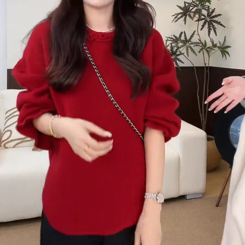 【一见倾心】韩系氛围感木耳边毛衣荷叶袖宽松加厚上衣LK2508236