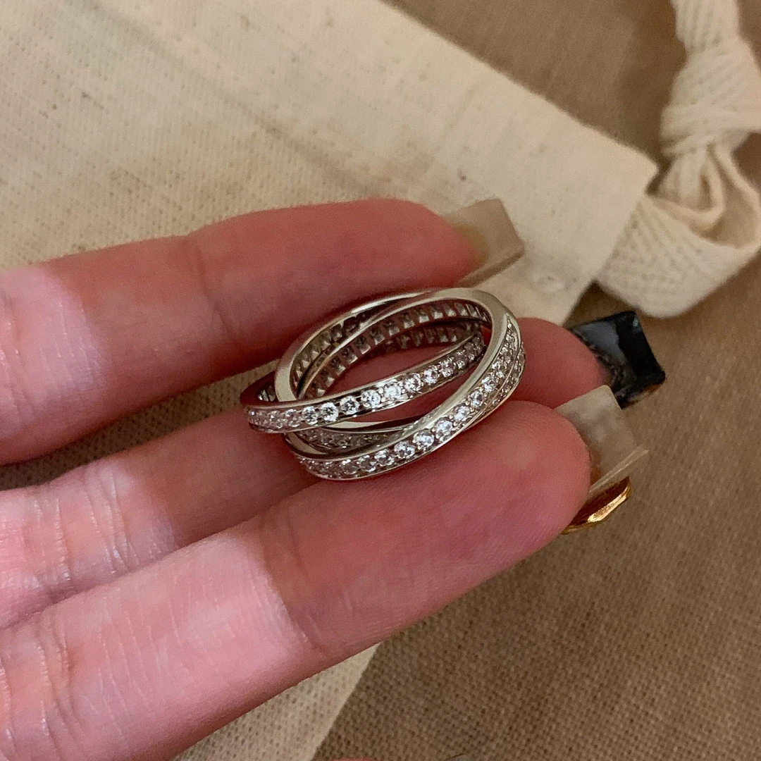 铜合金戒指 爆闪！满钻“三环一体”素圈银色戒指小众设计闭口食指戒