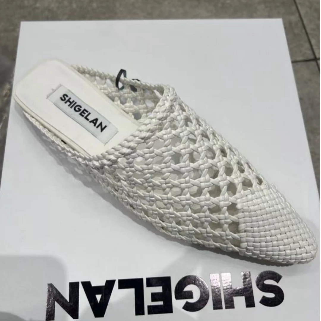 诗歌兰女鞋2025夏新款真皮时尚尖头编织休闲平底包头半拖2031-21