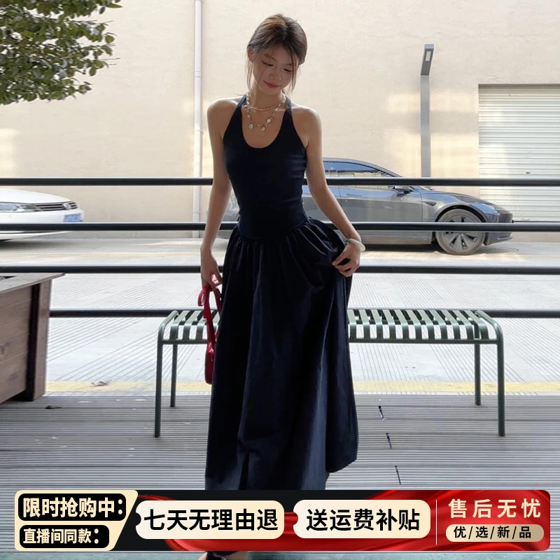 黑色无袖拼接吊带连衣裙子女夏季2025新款高级感高贵气质法式长裙