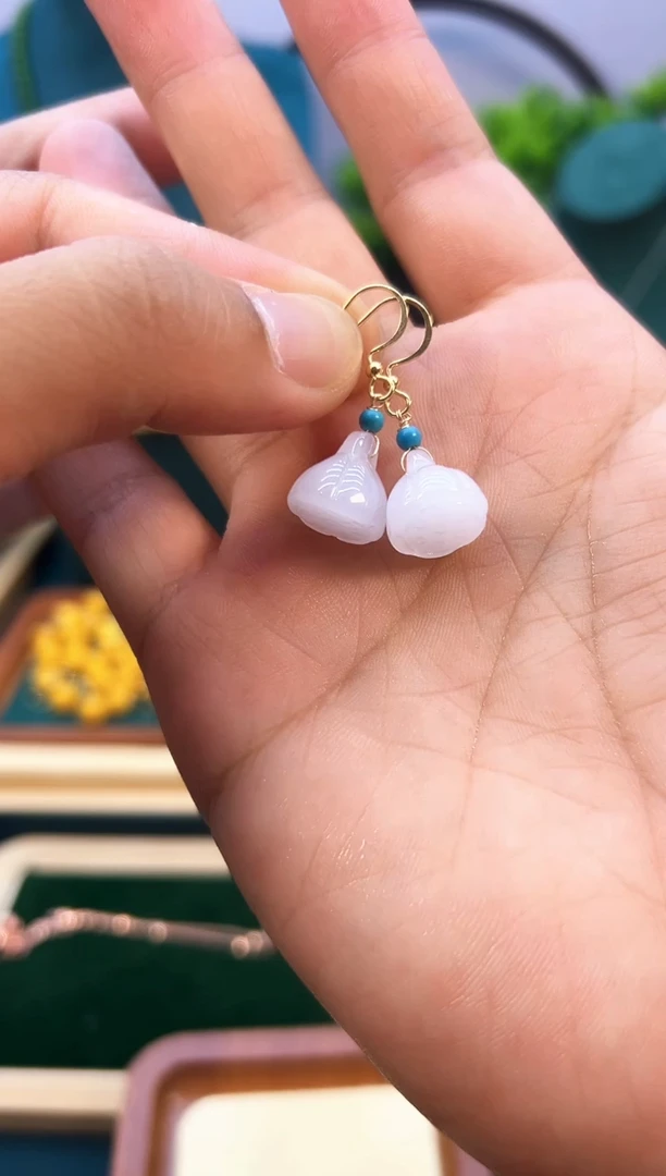 和田玉14K金镶嵌耳饰E179