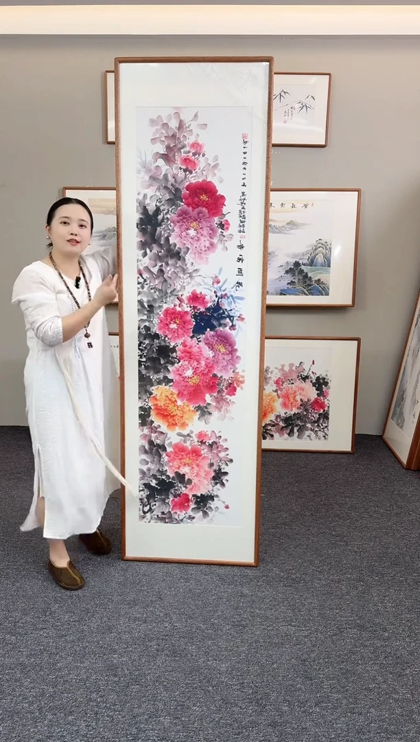 国画牡丹210*60手绘作品