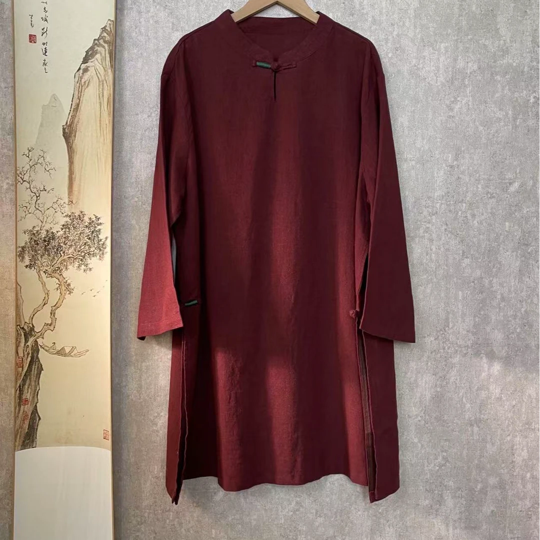 芬雅复古亚麻春款一粒扣立领休闲中长裙文艺新中式