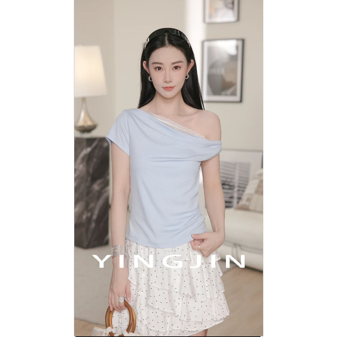 【CIELIS】"香肩"新款简约设计感露肩蕾丝T恤-SE0597C