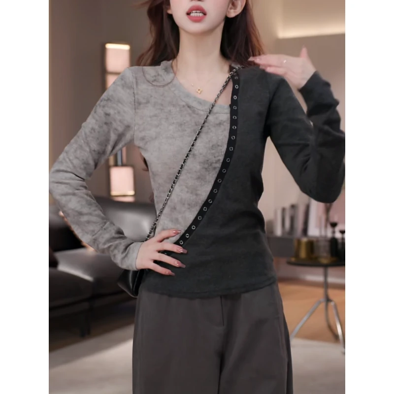 设计感不规则撞色斜领T恤女2025秋季新款洋气修身百搭打底上衣潮