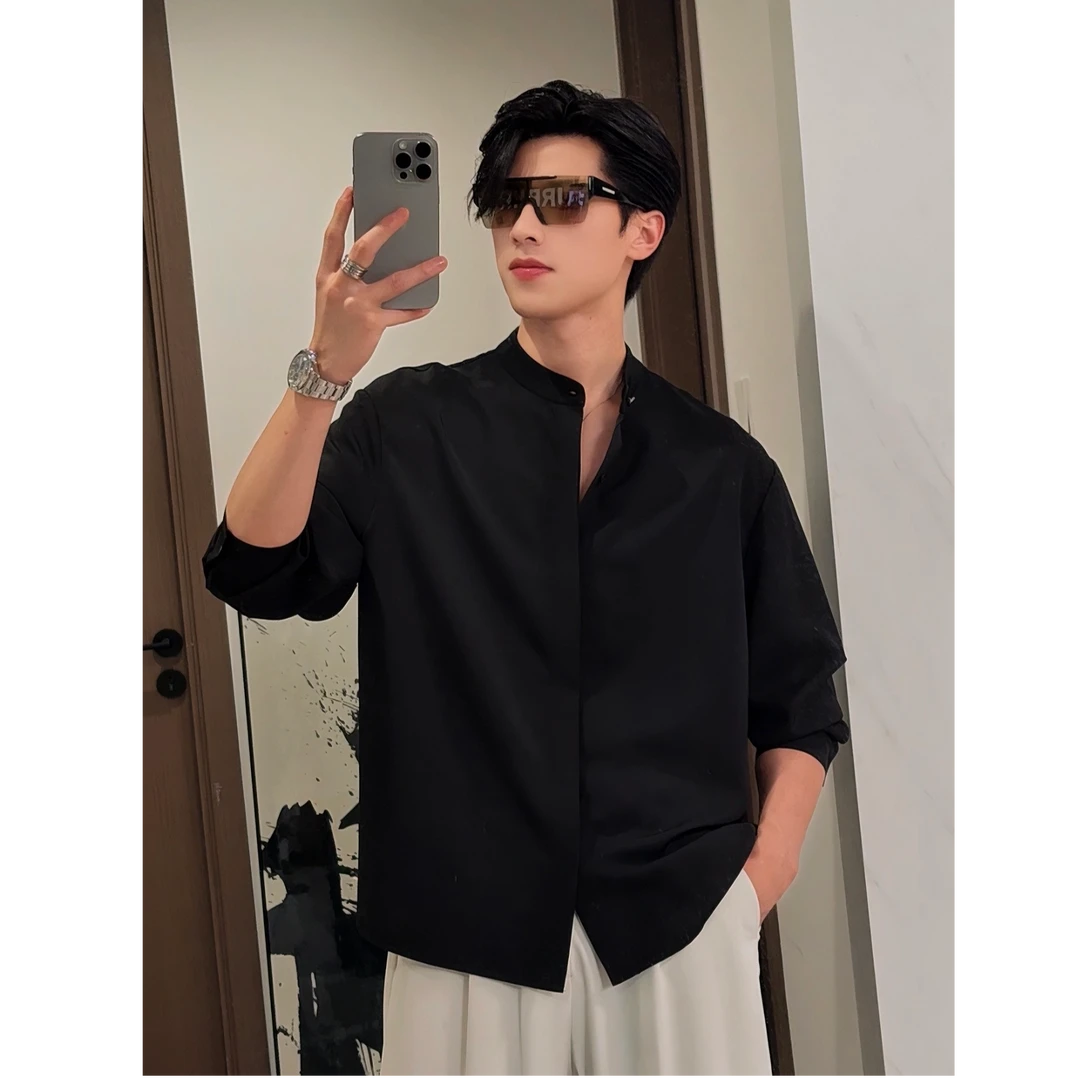 【李李穿搭】夏新款男士驱蚊香薰系列立领宽松纯色设计师款百搭衬衣